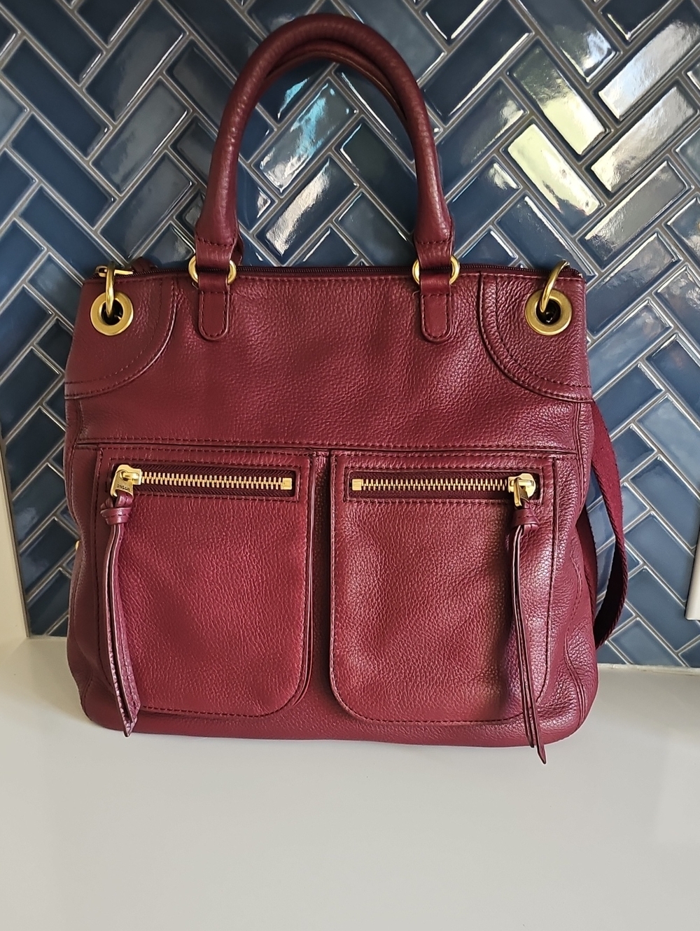 Vintage Fossil Burgundy Leather Satchel/Tote bag with Gold-tone Hardware